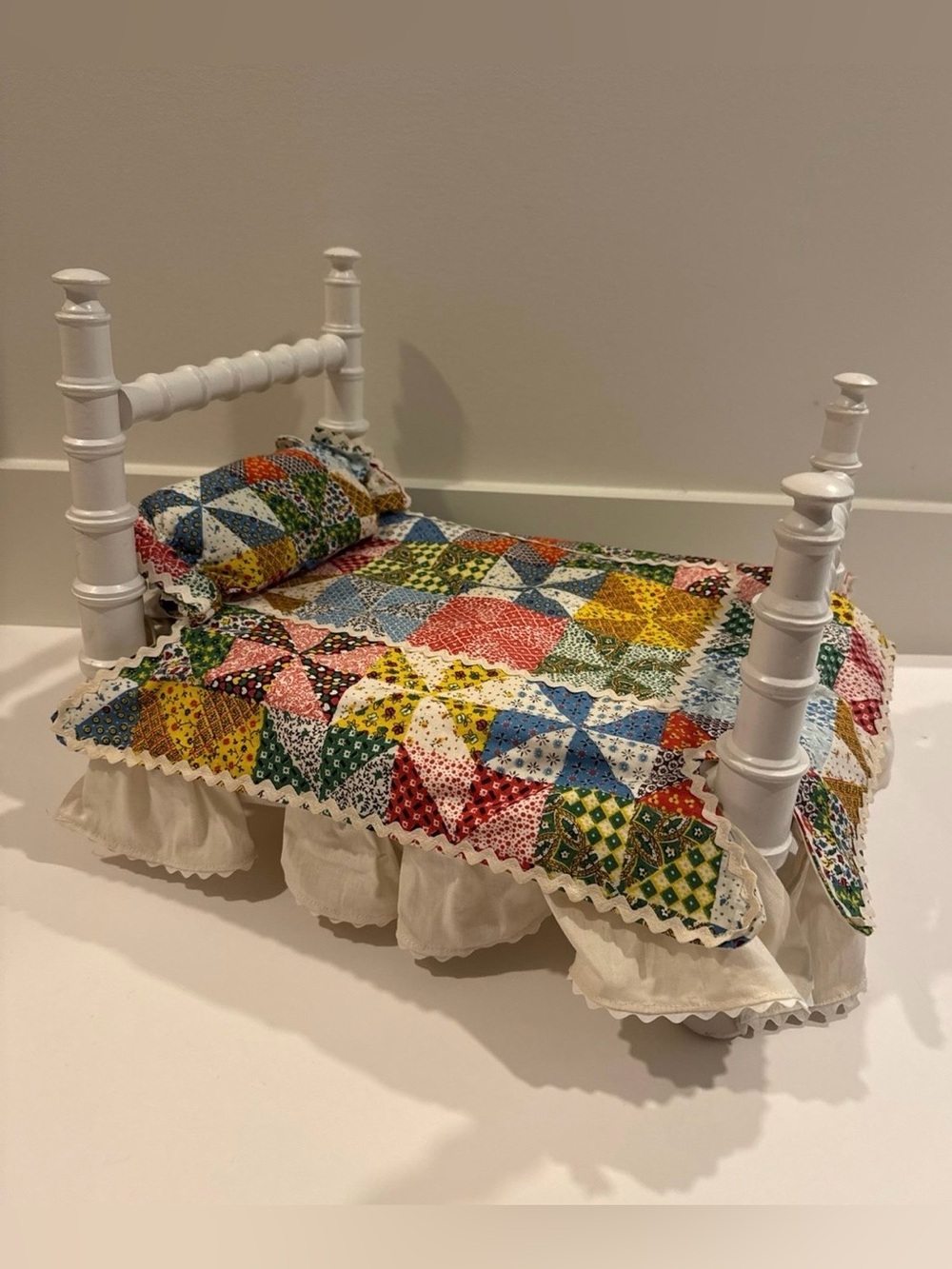 Vintage Wooden Spool Patchwork Doll Bed furniture
